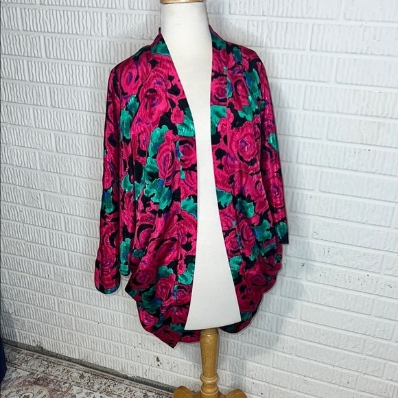 Handmade Sweaters - Vintage Floral Pink and Green Women's Open Front Handmade Cardigan